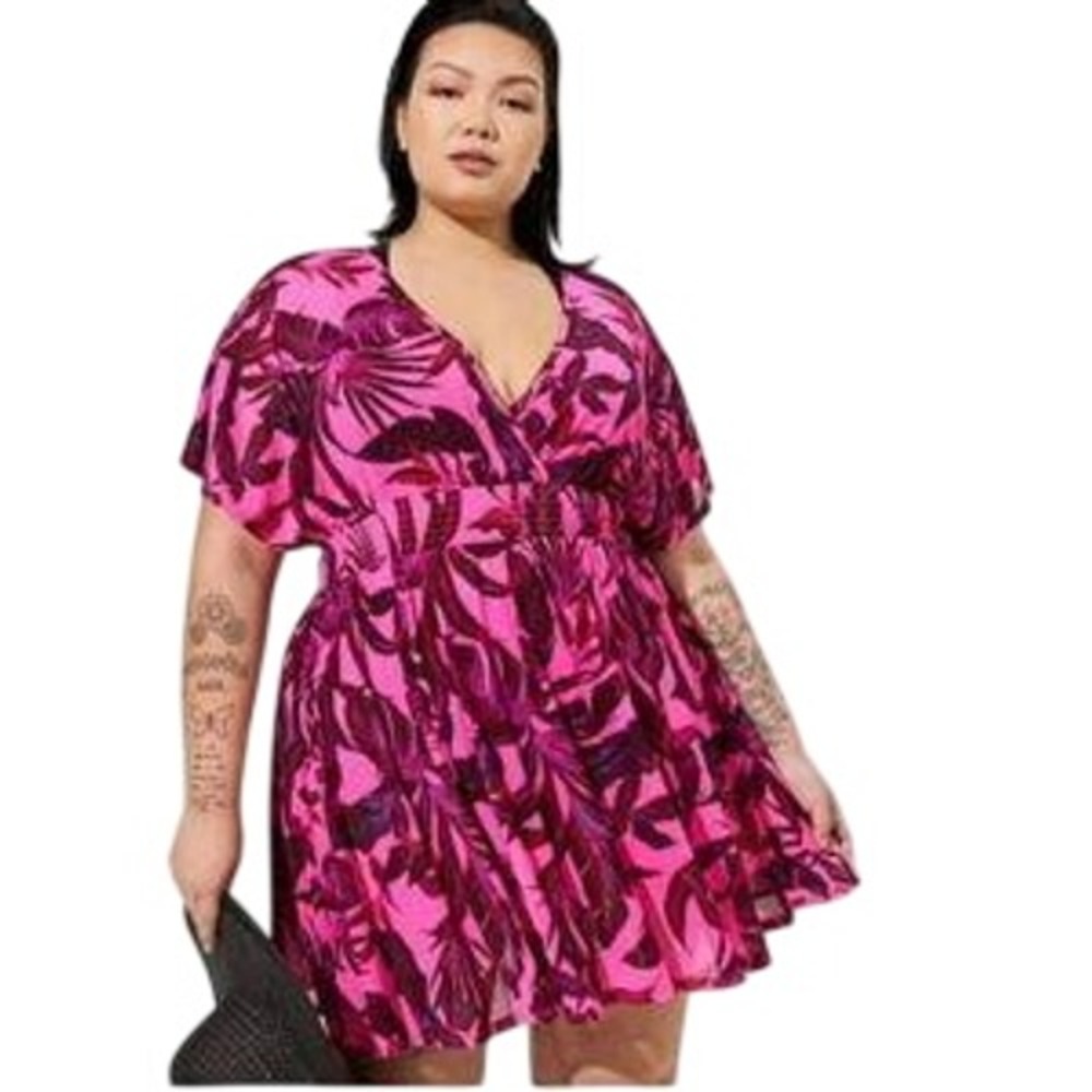 Torid Womens Mesh Smock Waist Coverup Dress Pink Tropical Leaf Print‎ Size 0 NEW